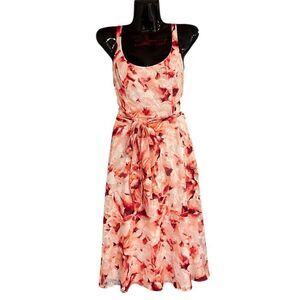 Luxe Carmen Mark Valvo  A line Burn Out Sleeveless Floral Print Dress Pockets Sz